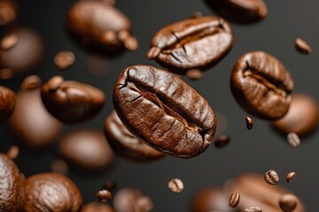 Fototapeta premium Roasted coffee beans falling down on dark background
