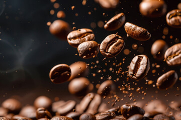 Roasted coffee beans levitate falling down