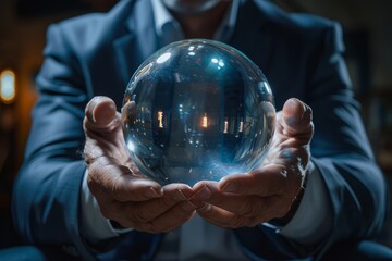 Businessman holding crystal ball predicting future business trends