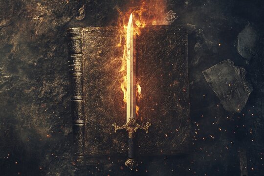 Sword of the spirit. Holy bible. For the word of God is living and active, sharper than any double-edged sword. Flaming sword of the spirit and the word of god concept art. With copy space , ai