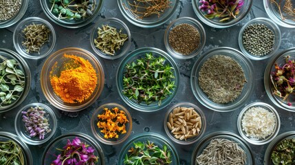 Fototapeta premium Various flower and herb seeds in Petri dishes for cultivation gardening or research with space for text