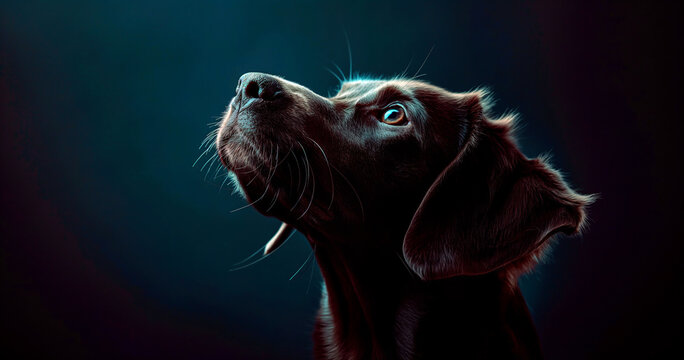 Eine Dunkle Labrador-H&uuml;ndin Blickt Erwartungsvoll Nach Oben Vor Einem Mystischen Hintergrund Bei Nacht