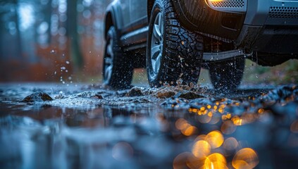 A close-up of wheels splashing in puddles near an SUV, with reflections on wet asphalt and a blurred background.