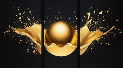 Golden Melting Globes A Striking Triptych Collection of Geometric Conceptual Art Against a Bold Black Canvas