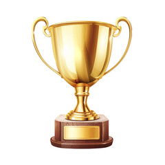 A classic golden trophy with two handles and a blank nameplate on a wooden base.