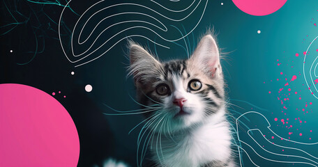 Eine Niedliche Katze Vor Einem Künstlerisch Gestalteten Hintergrund Mit Farbenfrohen Punkten Und Kurven