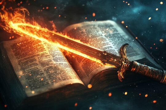 Sword of the spirit. Holy bible. For the word of God is living and active, sharper than any double-edged sword. Flaming sword of the spirit and the word of god concept art. With copy space, ai