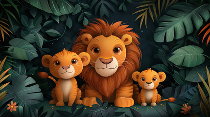 Lion family is relaxing in the middle of the jungle at night