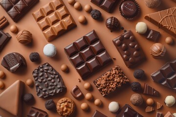 Fototapeta premium world chocolate day text with different types of chocolates, top view. a brown paper surface with various pieces of dark and milk chocolate bars scattered around it.