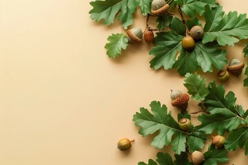 Branch with green oak tree leaves and acorns on colored background, close up top view.Branch with green oak tree leaves and acorns on colored background, close up top view.