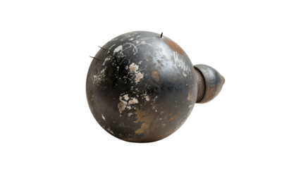 A close-up of a weathered, black, spherical object with a small protrusion.  The object appears to be metal and has a rough texture.