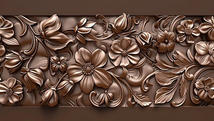 3D wallpaper, floral wood carving background in brown color in the style of floral wood carving.