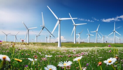 Wind turbines in a field of wildflowers under a clear blue sky, representing renewable energy and sustainability. Wind farm, green power, eco-friendly technology, clean energy landscape.