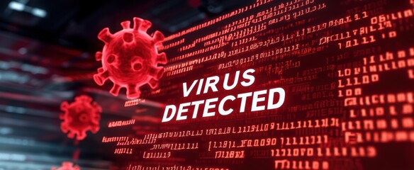 Virus detected alert on computer screen with red binary code and coronavirus cells