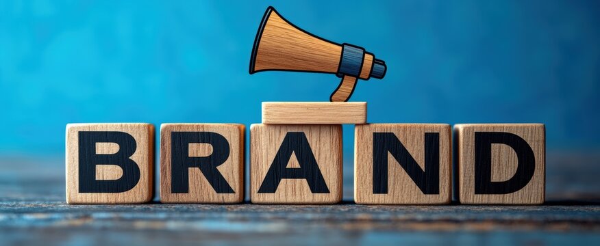 Megaphone standing on wooden blocks forming brand word