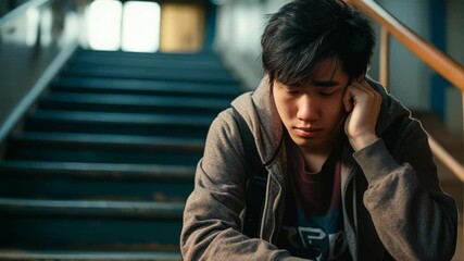 Zoom out to an ethnic Asian student sitting on the stairs of his school, grieving because he is being bullied or because he failed an exam. - Powered by Adobe