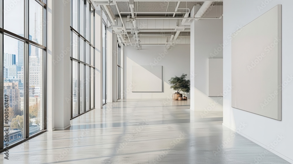 Poster the minimalist gallery setting showcases blank canvas prints, with natural light and large windows t