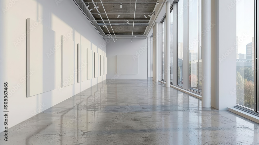 Poster featuring blank canvas prints in a modern gallery, complemented by floor-to-ceiling windows and ampl