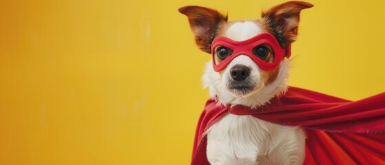 Adorable dog dressed as a superhero with a mask and cape, ready for action. Free copy space for text.
