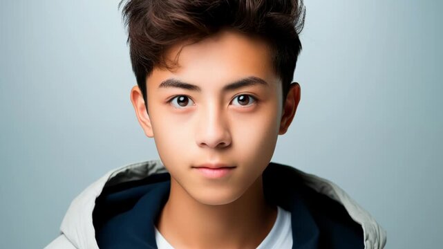 Zoom out video of a 15 or 16 years old asian teenager smiling and looking at the camera. Isolated, white background.