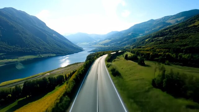 FPV, drone driving on a scenic highway, with mountains and trees in the distance, bright daylight, wide shot. panorama, alone, way, automobile, colourful, corridor, drive, fast, forward, motion, empty
