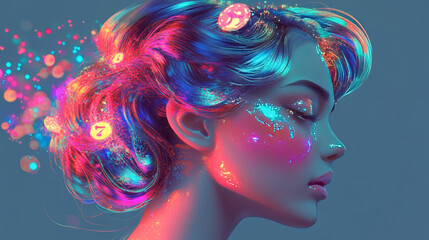 Illustrate a hairstyle that mimics the bright lights and excitement of a slot machine, with metallic colors, shimmering accessories, and perhaps even tiny slot machine symbols as hair adornments.
