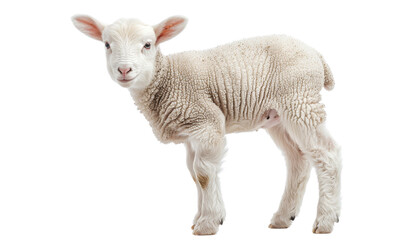 Fototapeta premium A cute white lamb standing on a white background. The lamb is looking at the camera with a curious expression.