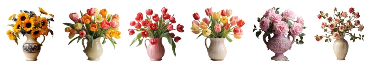 Set of beautiful flower vases. Sunflower, roses, tulips flowers centerpiece decor.