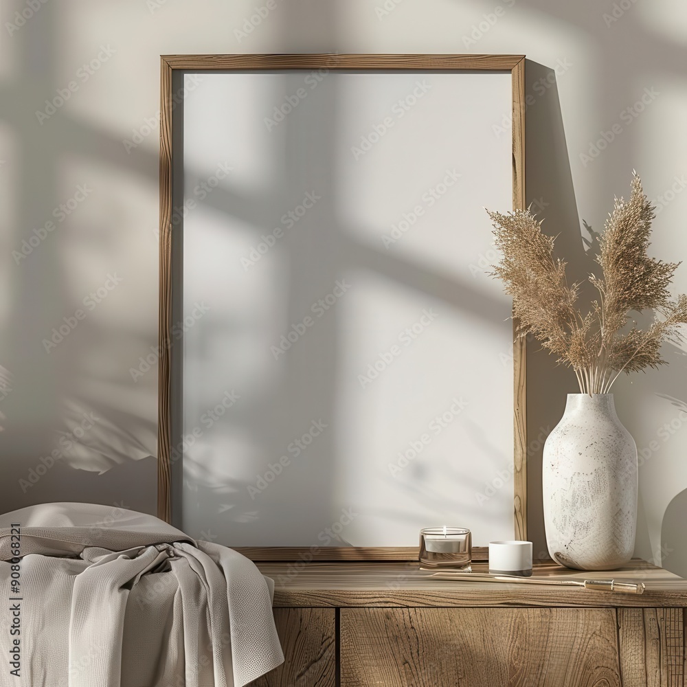 Aufkleber an empty digital frame sits on a contemporary nightstand, adorned with a lamp and a stack of books.