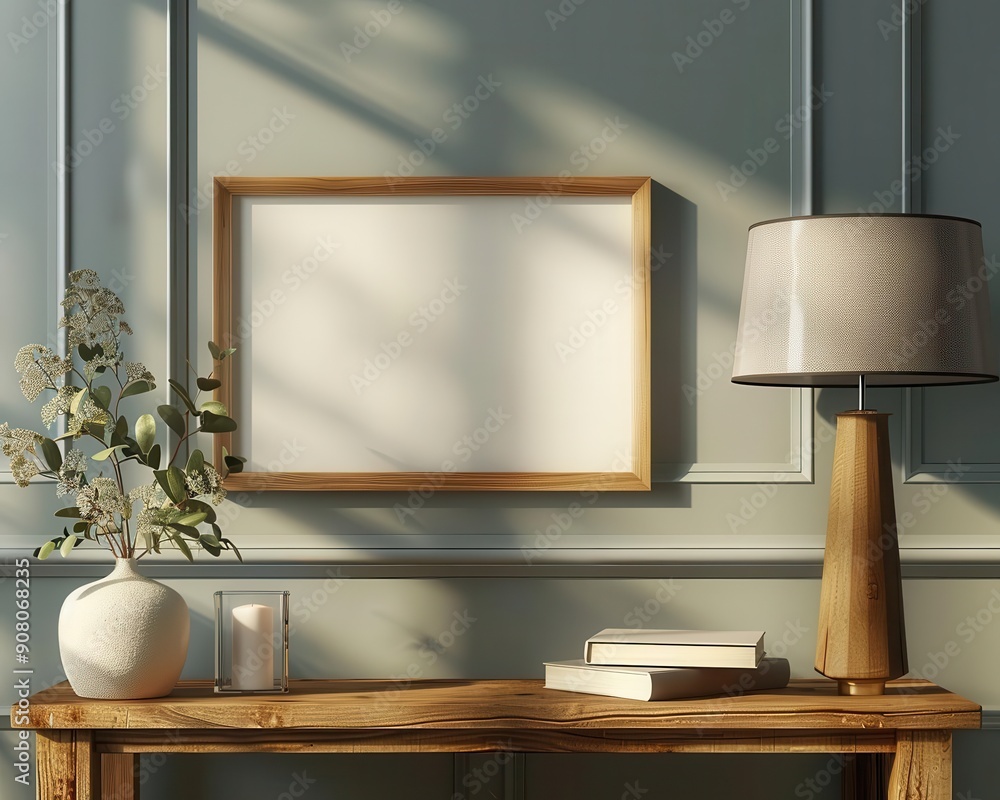Poster digital photo frame on a nightstand, empty and ready to display a slideshow of memories, next to a l