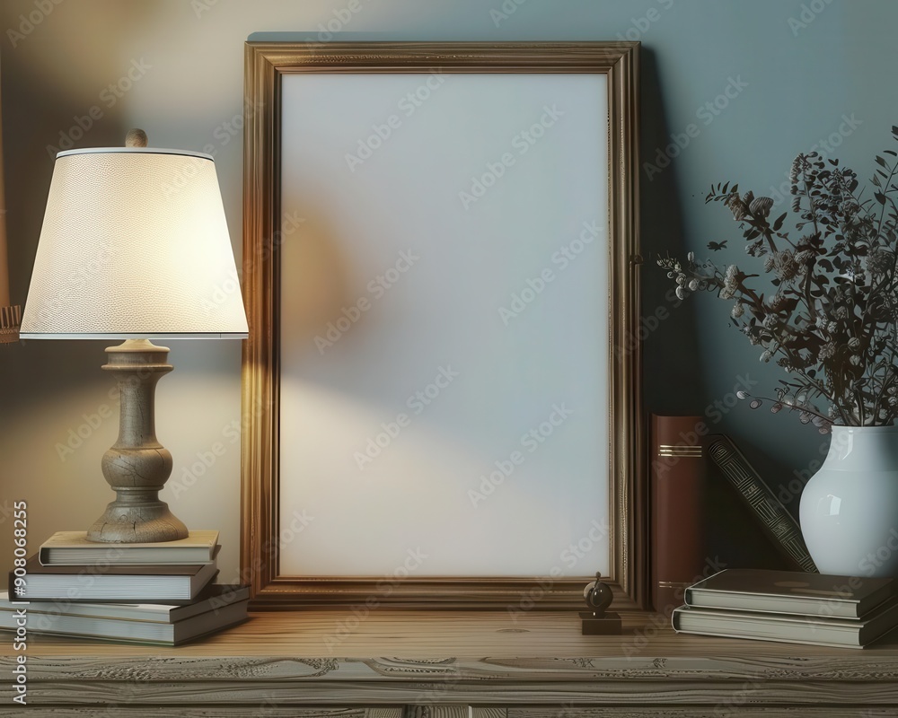 Poster empty digital frame on a nightstand, with a minimalist design and soft lighting, ideal for customizi