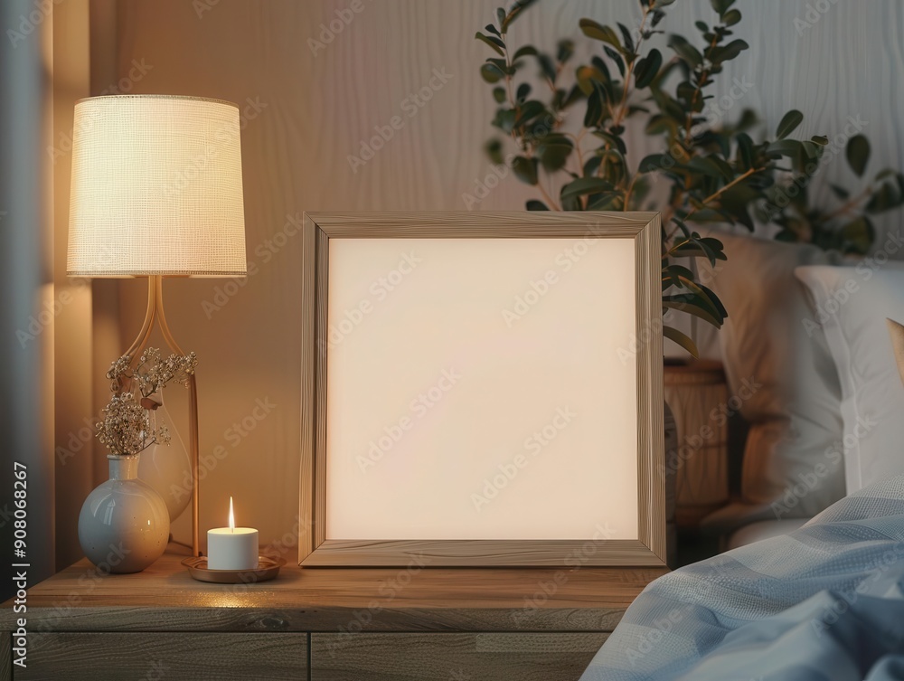 Poster empty digital frame on a nightstand, with a minimalist design and soft lighting, ideal for adding a 