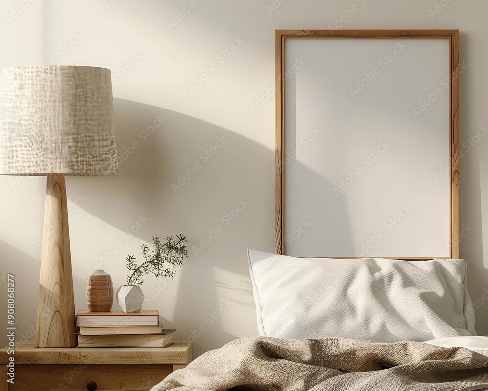 Poster empty digital frame on a nightstand, with a minimalist design and soft lighting, ideal for adding a 