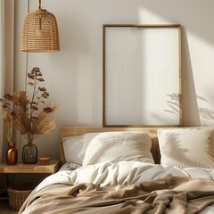 Empty digital frame on a modern nightstand, with a lamp and plants.