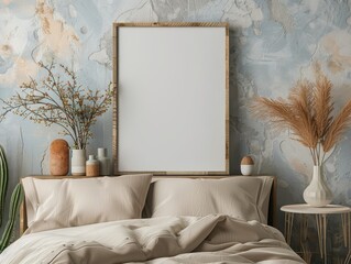 Empty digital frame on a sleek nightstand, beside a lamp and stack of books.