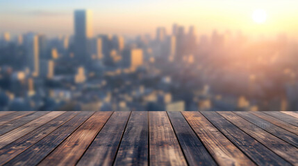 Sunset cityscape with blurred buildings and wooden deck. Copy space. Generative AI	