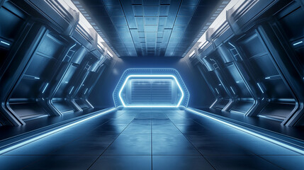 Futuristic sci-fi spaceship corridor with glowing neon lights. Copy space. Generative AI	