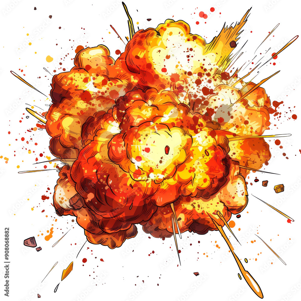 Poster a fiery explosion with orange and red hues, creating a dynamic and powerful visual.