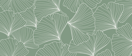 Abstract foliage line art vector background. Leaf wallpaper of tropical leaves, ginkgo leaf, plants in hand drawn pattern on green.Vector illustration