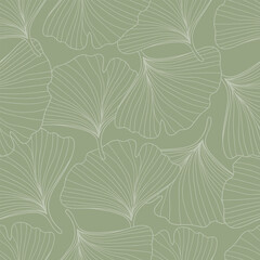 Seamless pattern hand- drawn gingko leaf on green background