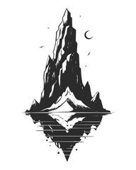 Black and white mountain landscape. Hand drawn rocky peaks reflected in the water. Vector illustration.