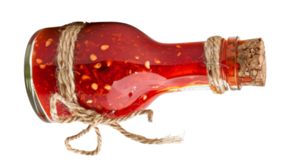 A glass bottle of chili oil with a cork top, tied with twine. The oil is red and contains visible chili flakes.