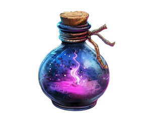 A glass bottle with a cork stopper, filled with a swirling, cosmic liquid that glows with a faint purple light.