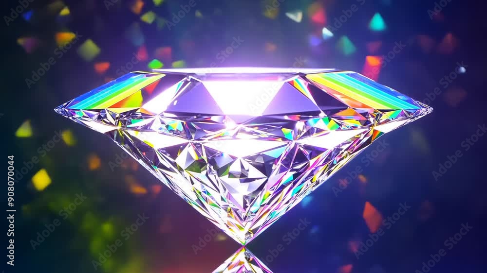 Poster sparkling diamond reflects rainbows in rotating light generative ai