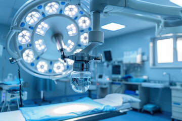 A hospital room with a large overhead light and a glass container on a table.