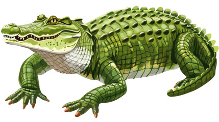Obraz premium A green crocodile with sharp teeth and scales, isolated on a white background.