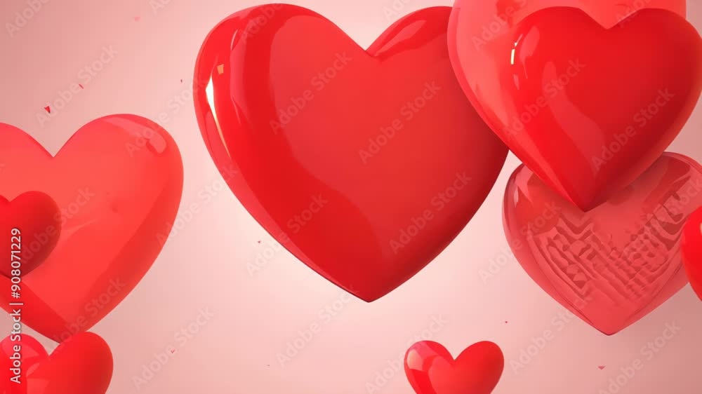 Poster a cascade of red hearts floating in a soft pink atmosphere. generative ai
