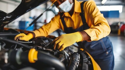 Expert mechanic inspecting timing belt for wear in professional workshop setting