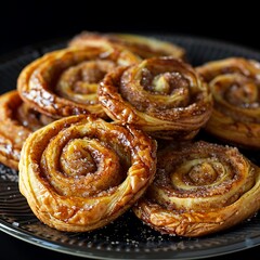 Close-up of Delicious Cinnamon Rolls with Sugar Glaze on a Black Plate.