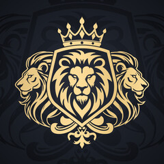 elegant lion heraldry coat of arms royal logo with shield and crown © zsschreiner